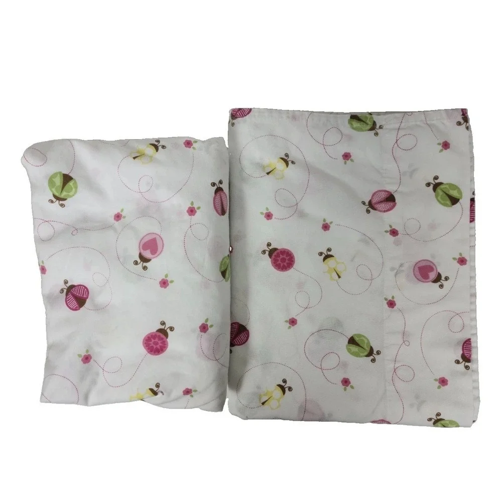Circo Ladybug Fitted Flat Sheet Set Twin + Pillow Case Pink White Flowers